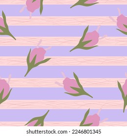 flower buds with pink textured stripes on purple wall seamless vector pattern