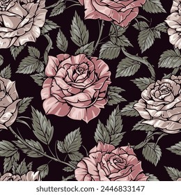 Flower buds seamless pattern colorful with large roses on long wavy stems with many petals and thorns vector illustration