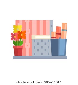 Flower and Buket With Papers On The Shelf 8-bit Abstract Primitive Flat Vector Illustration On White Background