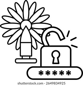 A flower with a bullet in the center and a lock on the right. The flower is surrounded by a circle and the bullet is in the center of the circle. The lock is on the right side of the image