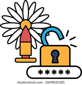 A flower with a bullet in the center and a lock on the right. The lock is open and the bullet is in the middle of the flower