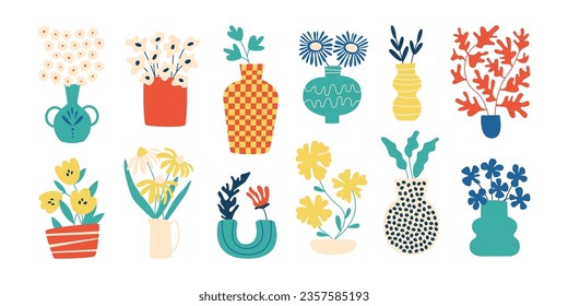 Flower bunch, floral bouquet, blooming meadow greenery in different ceramic vase and modern glass bottle isolated set on white background. Decorative foliage for interior design vector illustration