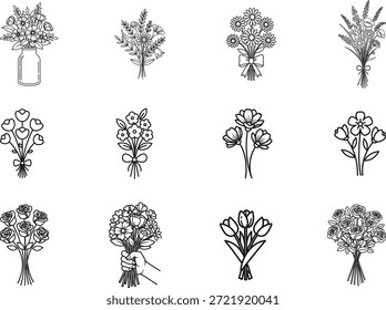 Flower Bunch Line Icon Set Floral Bouquet Illustration Collection