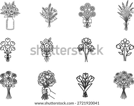 Flower Bunch Line Icon Set Floral Bouquet Illustration Collection