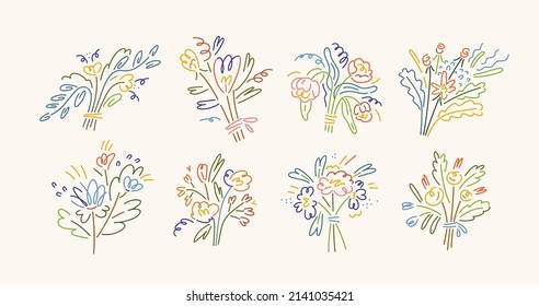 Flower bunches of abstract shapes in modern line art style. Spring floral bouquets, romantic gift. Creative drawings set. Trendy stylized blooms. Isolated hand-drawn graphic vector illustrations