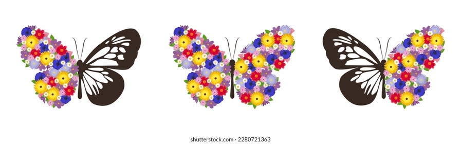 Flower butterflies. Flower arrangement on the wings of a butterflies. Vector illustration