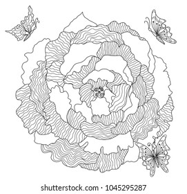 Flower and butterflies. Detailed colored page background. Black + white. Floral vector illustration