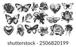 Flower, butterflies, heart, lips with photocopy stipple texture, y2k girly collage design. Grunge grain distressed vintage effect on romantic elements. Vector illustration for retro punk gothic