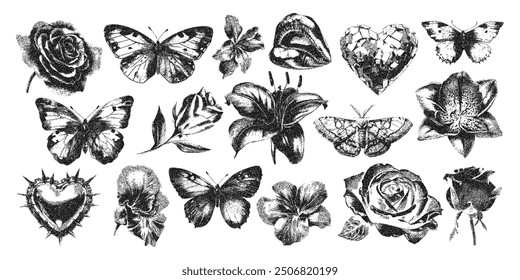 Flower, butterflies, heart, lips with photocopy stipple texture, y2k girly collage design. Grunge grain distressed vintage effect on romantic elements. Vector illustration for retro punk gothic