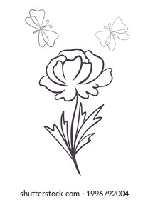 Flower with butterflies, line art. Vector illustration of a flower with blossoming petals and moths. Hand drawing botanical natural concept. Minimalistic modern style.