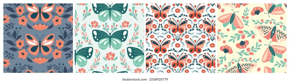 Flower and butterflies seamless patterns. Decorative moth and butterfly wings with floral ornaments of blooming flowers and leaves. Hand drawn botanical vector backgrounds set.