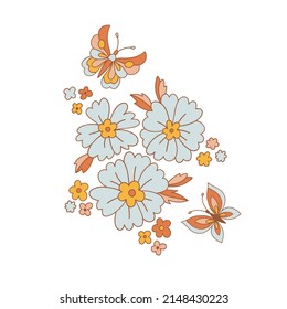 Flower and Butterfly arrangement Retro 70s 60s Groovy Hippie Flower Power vibes vector illustration isolated on white. Boho Summer retro colours floral print.