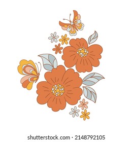 Flower and Butterfly arrangement Retro 70s 60s Groovy Hippie Flower Power vibes vector illustration isolated on white. Boho Summer retro colours floral print.