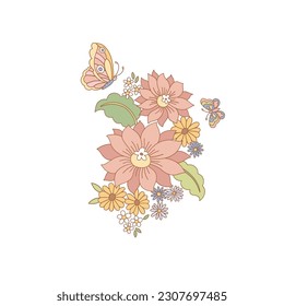 Flower and Butterfly arrangement Retro 70s 60s Groovy Hippie Flower Power vibes vector illustration isolated on white. Boho Summer retro colours floral print.