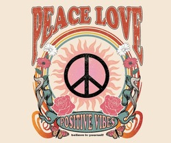 Flower And Butterfly Artwork Design. Peace Love. Peace Sign With Sun Graphic Print Design For T-shirt. Positive Vibes.