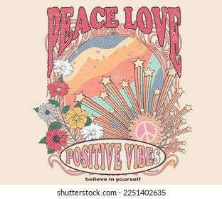 Flower and butterfly artwork design. Peace love party. Positive vibes.