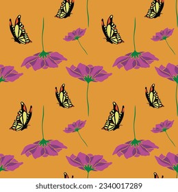 Flor y mariposa otoño sin inconvenientes en el fondo naranja