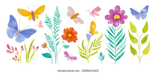 Flower butterfly background. Spring kid crayon drawing. Cute child hand drawn vector art. Chalk or pencil sunny summer bg. Cartoon doodle pastel painting. Flower, bee, butterfly fun spring background