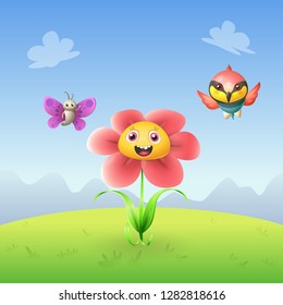 Flower butterfly and bee-eater bird celebrate spring on landscape background