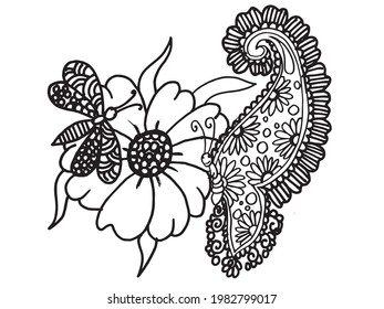 FLOWER AND BUTTERFLY COLORING PAGE,VECTOR DESIGN,