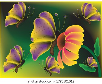 Flor con mariposa y diseño de fondo de color diferente
