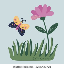 Flower, butterfly, grass. Vector illustration of stylized plants and insects in the flat style. Isolated on a blue background.