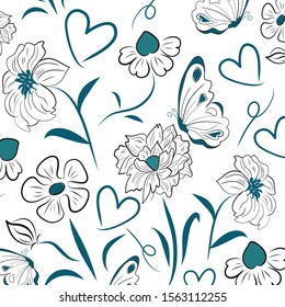 flower and butterfly with heart lined pattern style,illustration vector doodle comic art.