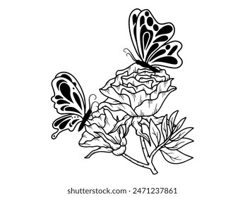 Flower Butterfly Line Art Black and White