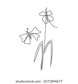 Flower and butterfly line art hand drawing vector illustration