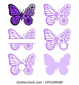 Flower butterfly monogram. Vector insect silhouette. Template for laser, paper cutting, printing on a T-shirt. Flat style. Hand drawn decorative element for your design.Isolated on white background.