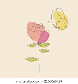 Flor con mariposa en un estilo de arte de línea continua con formas abstractas. Ilustraciones vectoriales para decoración, diseño gráfico, logotipo.