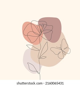 Flower with butterfly  in one continuous line art style with abstract shapes. Vector illustrations for decoration, graphic design, logo.