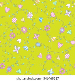 Flower Butterfly patterned leaves on a green background. Vector seamless pattern print on fabric baby bedding.