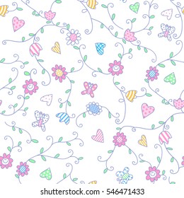 Flower Butterfly patterned leaves on a white background. Vector seamless pattern print on fabric baby bedding