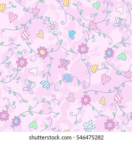 Flower Butterfly patterned leaves on a pink rose background. Vector seamless pattern print on fabric baby bedding