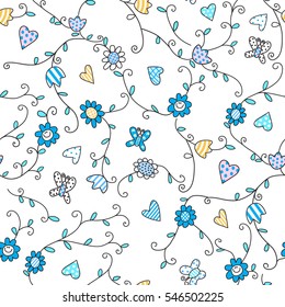 Flower Butterfly patterned leaves on a white background. Vector seamless pattern print on fabric baby bedding