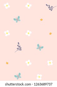 Flower and butterfly patterns on pastel pink background