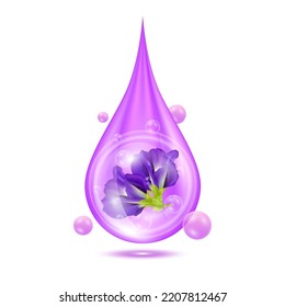 Flower butterfly pea inside water droplets purple shining with oxygen bubbles isolated on white background. Serum vitamin collagen used for products skincare cosmetic. Realistic 3d vector EPS10.