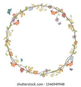 Flower and butterfly picture frame. White background. Space for text. Vector illustration.