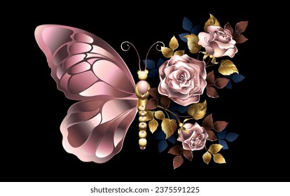 Flower butterfly with pink gold wing decorated artistically painted pink gold roses, with golden foil leaves on black background. Pink gold rose.