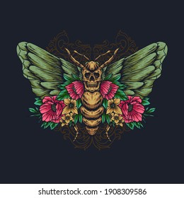 flower butterfly skull design illustration, flower butterfly skull design illustration, the design can be used for printing on clothes, bags, paper, and for other needs