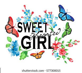 Flower Butterfly And Slogan Text Vector Art On White Background