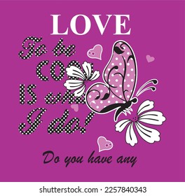 flower butterfly and text print pattern purple background