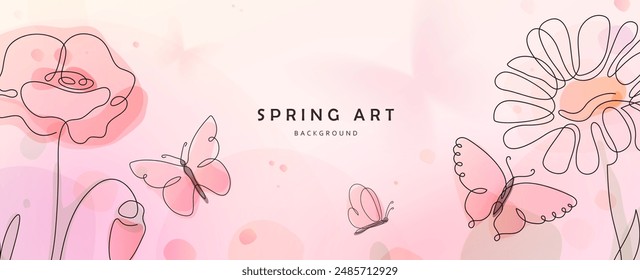 Flower butterfly vector background. Spring floral pattern with gradient elements, line flowers and insects. Nature blossom, tender romantic design.