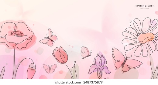 Flower butterfly vector background. Spring floral pattern with gradient elements, line flowers and insects. Nature blossom, tender romantic design.