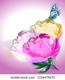 Flower and butterfly. Vector illustration. Pink, yellow, white