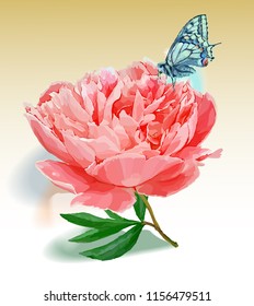 Flower and butterfly. Vector illustration. Red