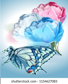 Flower and butterfly. Vector illustration. White, light blue, pink