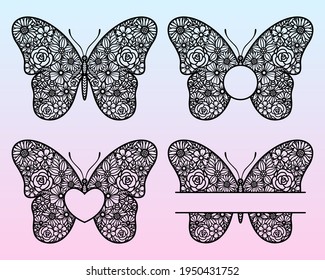 Flower butterfly. Vector set. Split monogram for text. Insect silhouette. Template for laser and paper cutting, printing on a T-shirt, mug. Flat style. Hand drawn decorative element for your design.