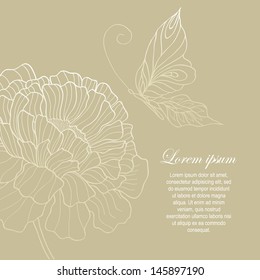 flower and butterfly from vintage-style botanical drawing on background of kraft paper
